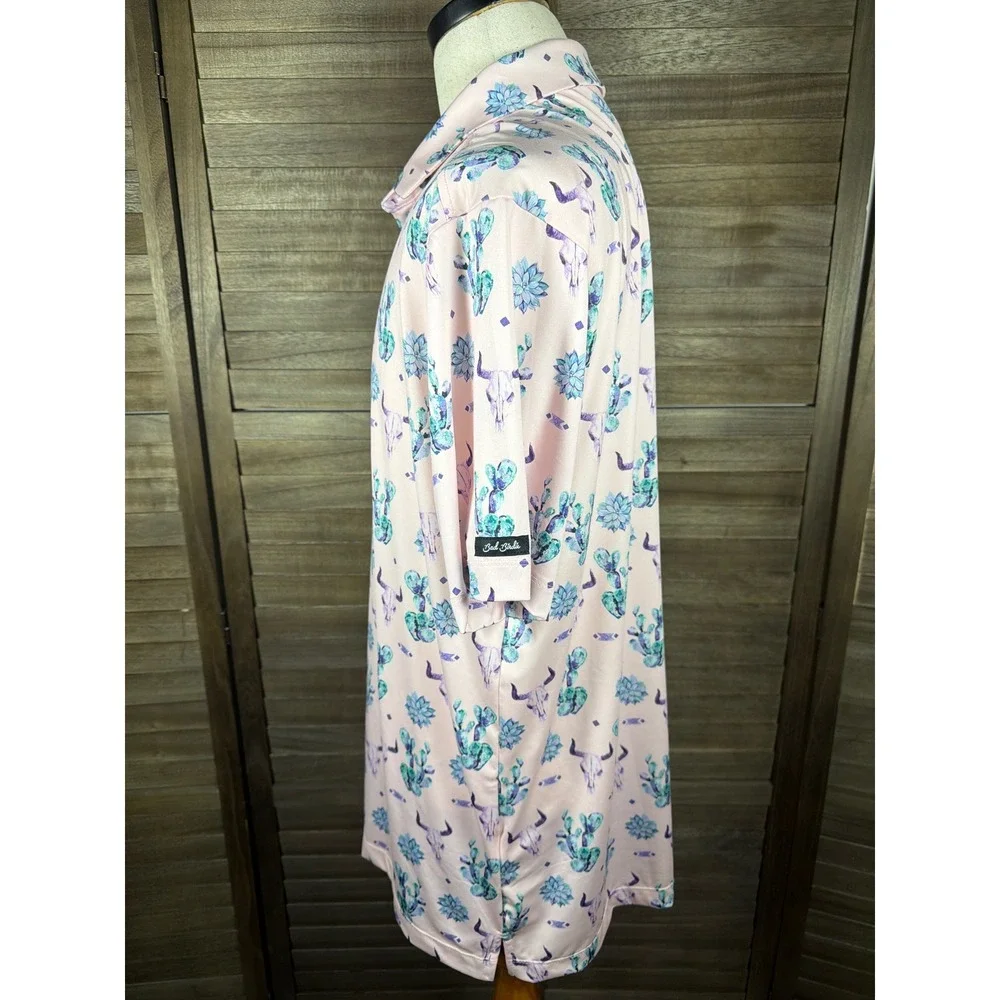 Bad Birdie Mens 2XL Golf Polo Pink Southwestern Cactus Steer Skull Print Shirt